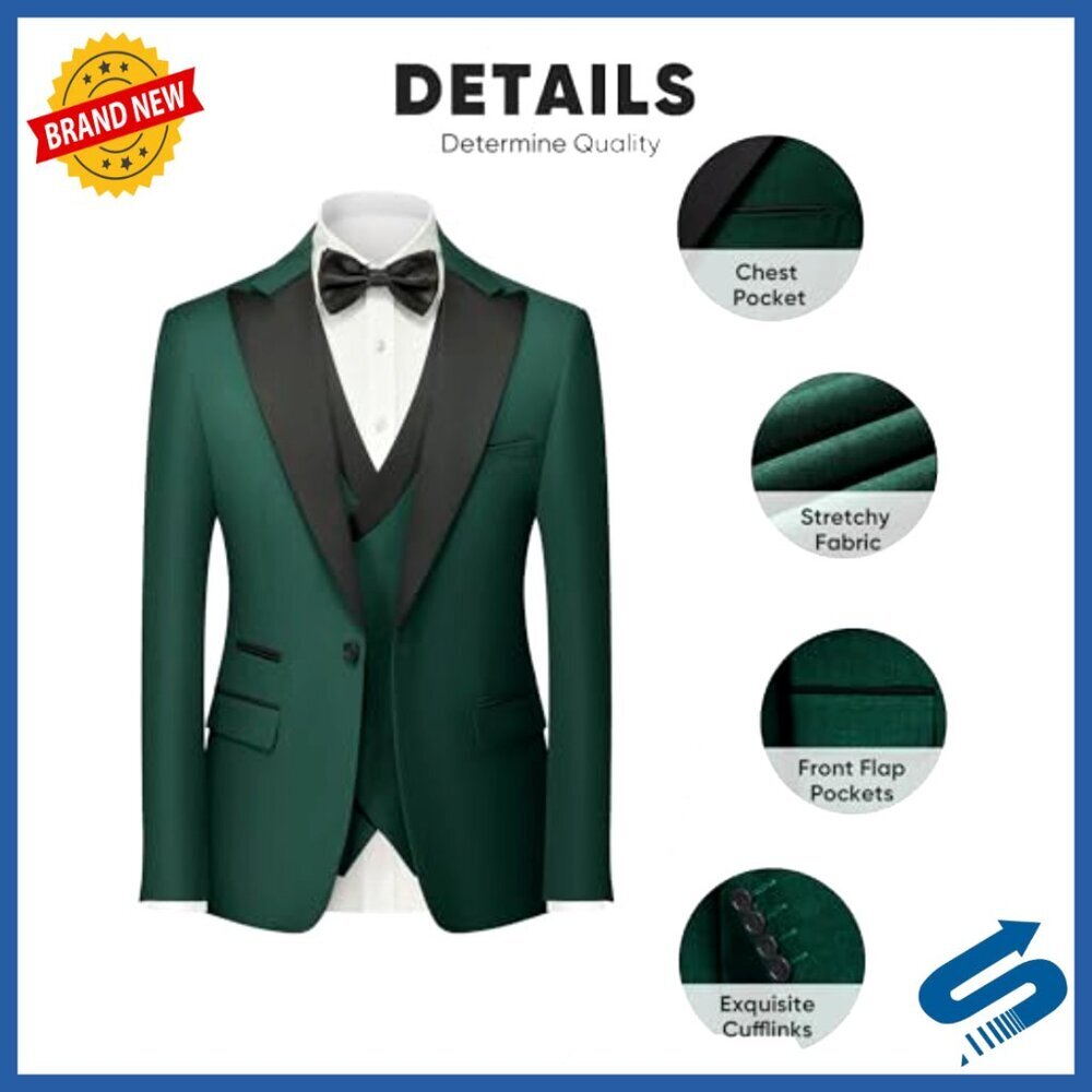 Slim Fit 3-Piece Tuxedo Suit Set for Prom Business Formal Wear - Picture 2 of 7